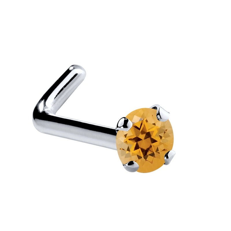 14K white gold citrine L-shape nose stud, 1.5mm tiny orange stone with angled post