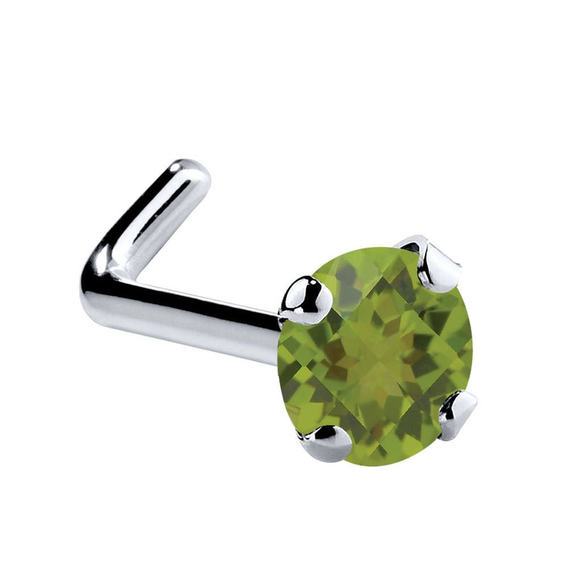 14K white gold peridot L-shape nose ring with 3mm large genuine green stone, side view