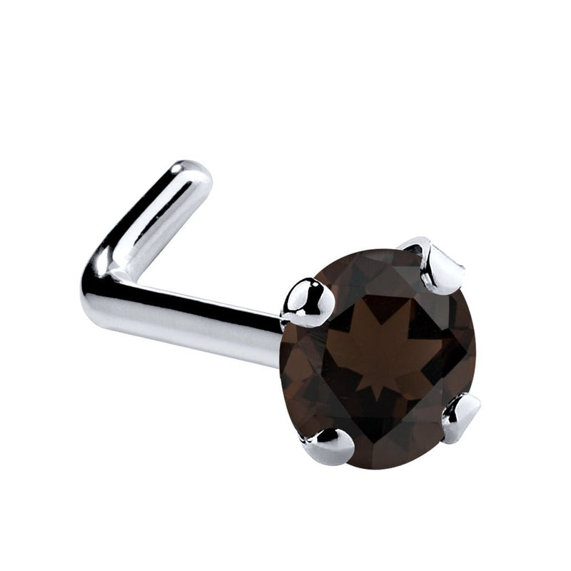 14K white gold smokey quartz L-shape nose ring with 3mm large round brown stone in prong setting