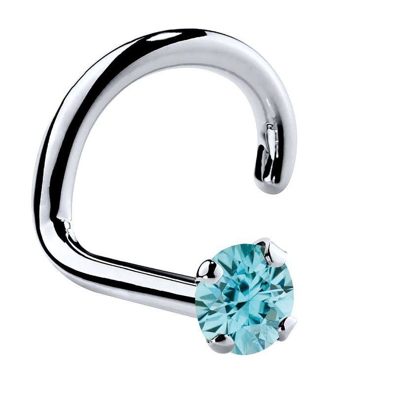 14K white gold twist nose ring with 1.5mm genuine blue zircon in four-prong setting
