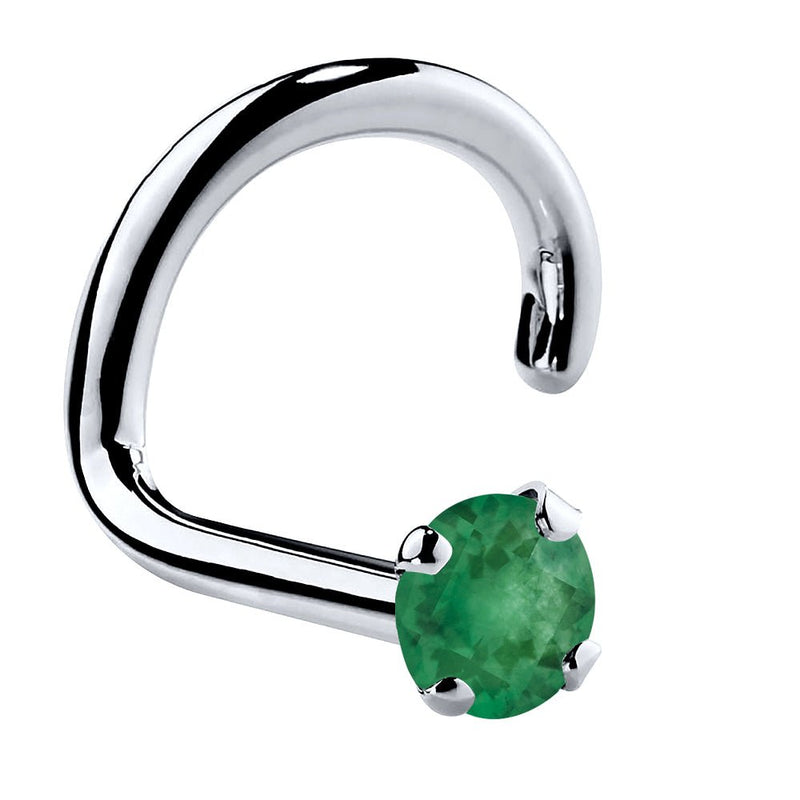 14K white gold genuine emerald nose ring twist style with 1.5mm tiny four-prong green stone