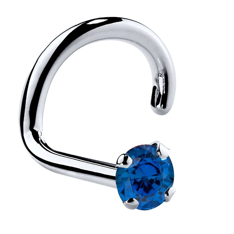 14K white gold sapphire nose ring twist style, 1.5mm tiny stone in four-prong setting, side view