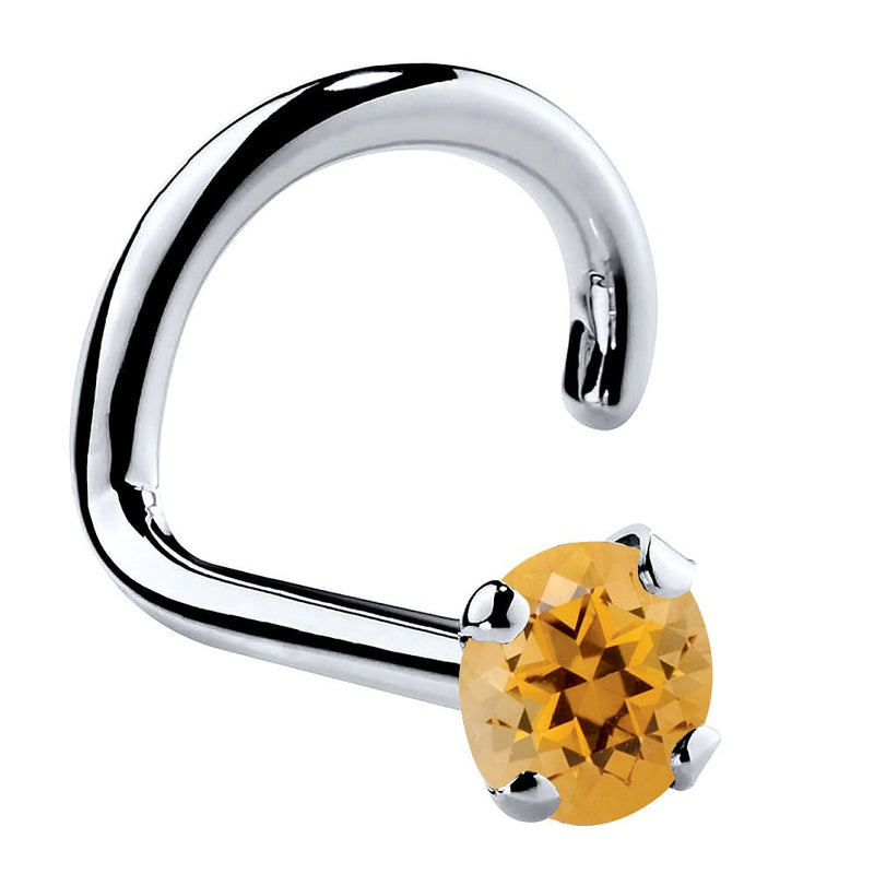 14K white gold citrine twist nose ring, 2mm standard orange citrine in white gold prongs