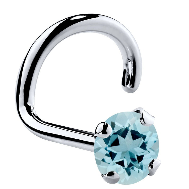 14K white gold aquamarine nose ring twist style with 3mm large round blue gemstone