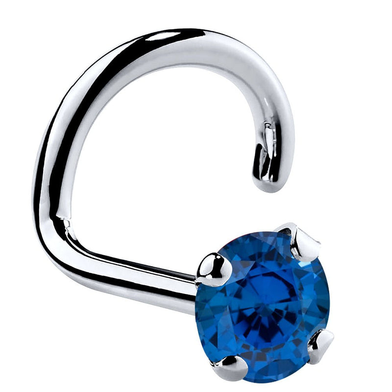 14K white gold blue sapphire twist nose ring with 3mm large stone, showing prong detail and corkscrew post