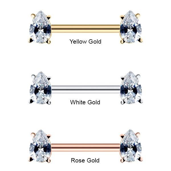 Side-by-side comparison of pear-cut CZ straight barbell in 14K yellow, white, and rose gold options