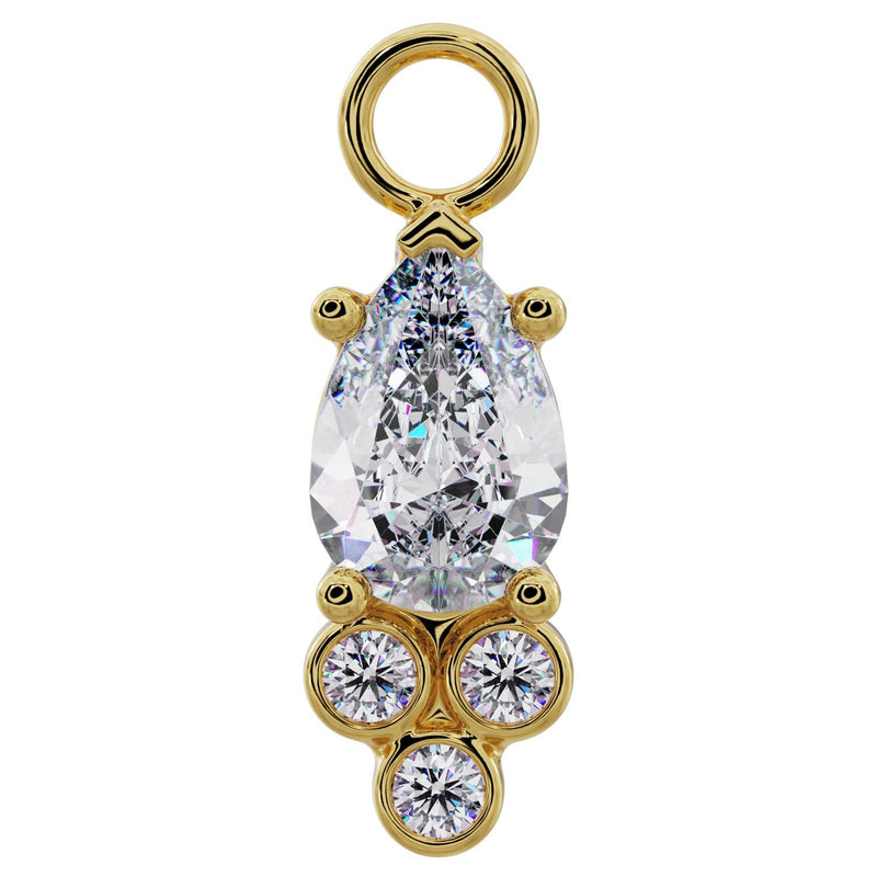 14K yellow gold pear-cut cubic zirconia piercing charm with triple bezel-set CZ cluster, front view