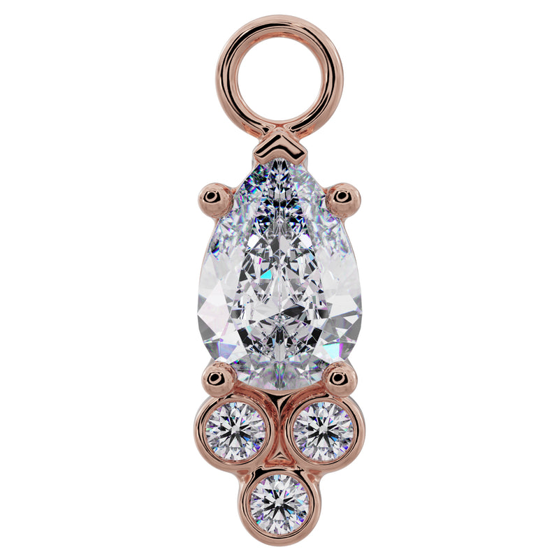 14K rose gold pear-cut cubic zirconia piercing charm with triple bezel-set CZ accent cluster, front view