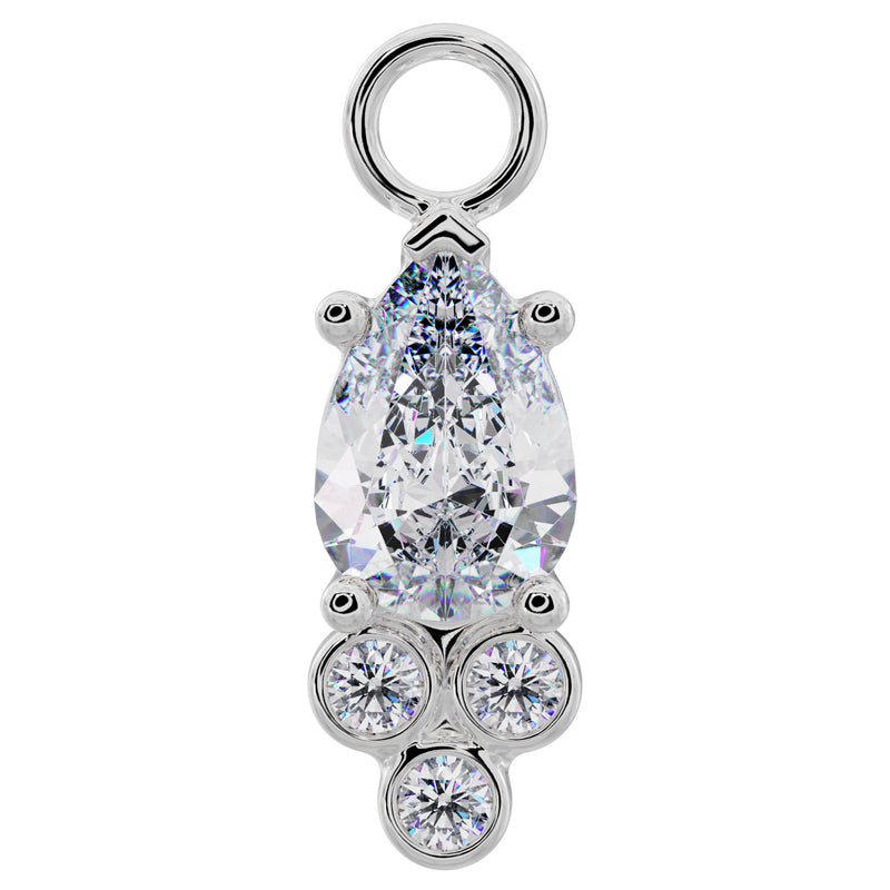950 platinum pear-cut cubic zirconia piercing charm with bezel-set diamond trio cluster, front view