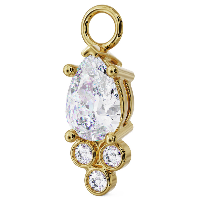 Side profile of 14K yellow gold CZ pear piercing charm showing setting depth and clicker loop attachment