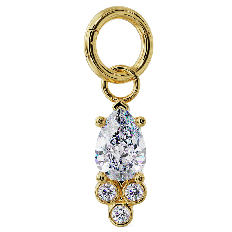 14K yellow gold pear CZ charm attached to a clicker ring, showing how it connects to piercing jewelry