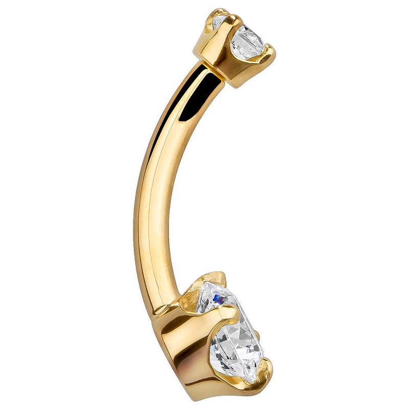 Side profile of 14k yellow gold navel ring showing curved banana barbell shape and CZ prong settings