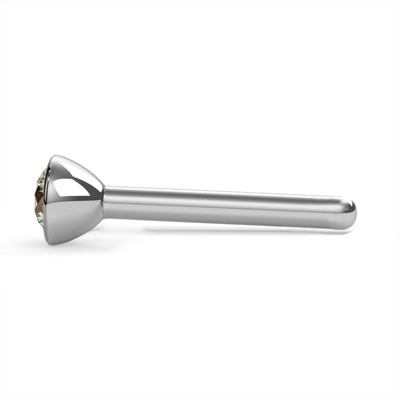 14k white gold 3mm diamond bezel nose stud straight pin post, side view showing long bendable post