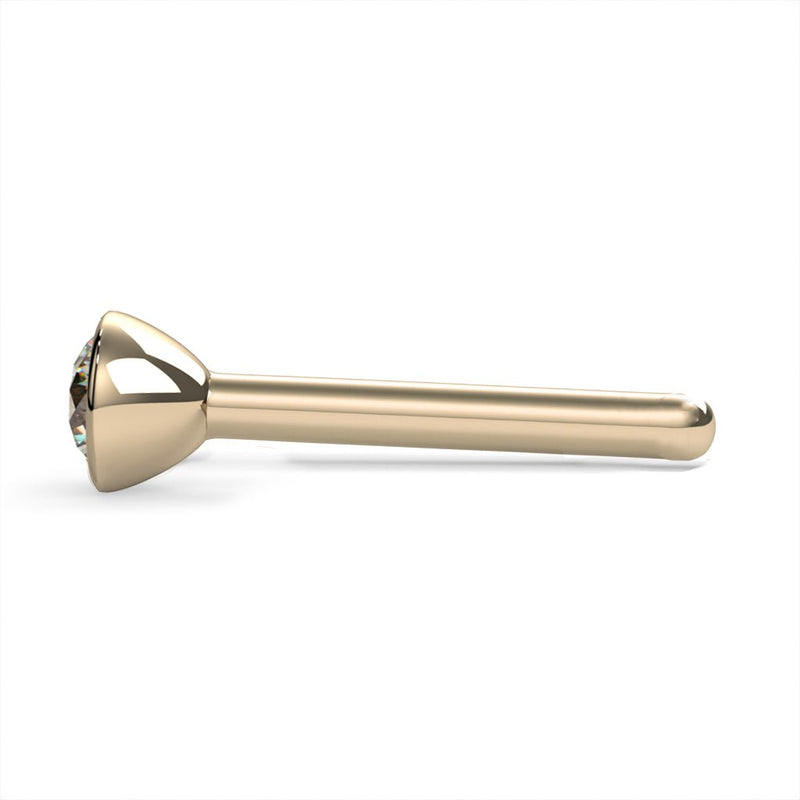 14k yellow gold 3mm diamond bezel nose stud straight pin post, side view showing warm gold finish