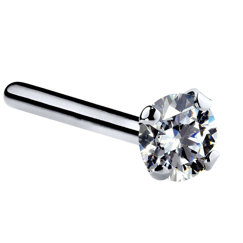 14k white gold CZ nose ring with straight pin post backing, angled view showing elongated post