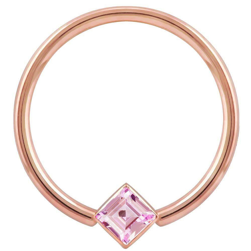 14k rose gold fixed bead ring with pink princess-cut CZ in corner-mount bezel, front view