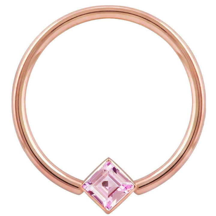 Pink Cubic Zirconia Princess Cut Corner Mount 14k Gold Captive Bead Ring-14K Rose Gold   12G (2.0mm)   3 4" (19mm)