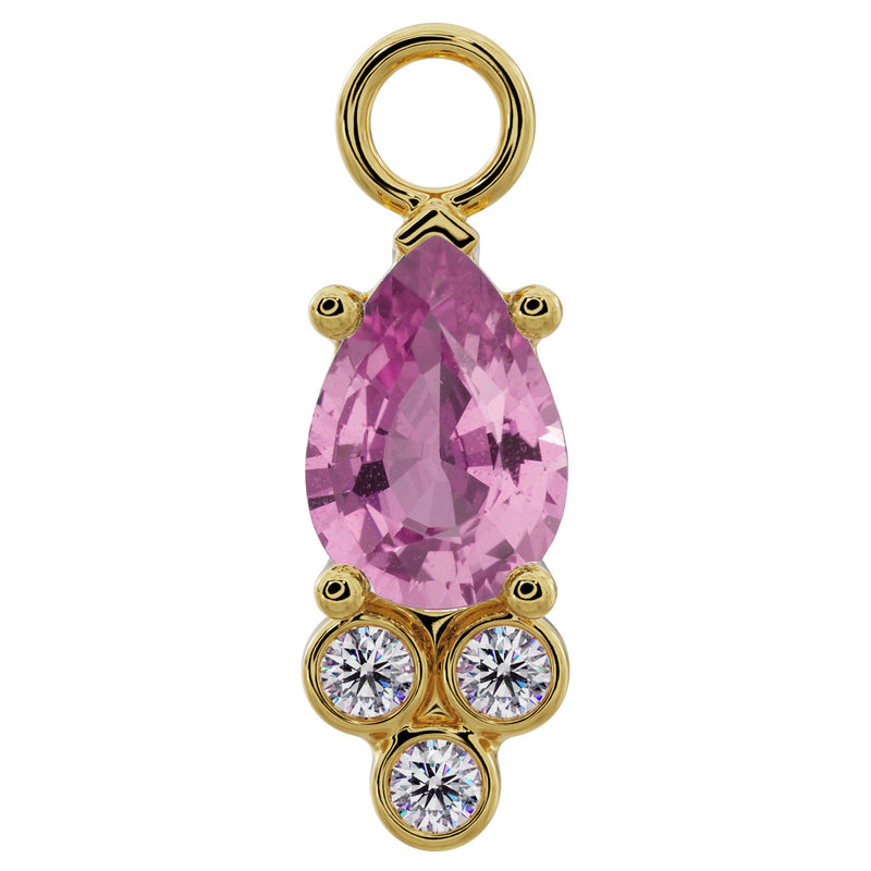 14K yellow gold pear-cut pink sapphire piercing charm with three bezel-set diamond accents, front view