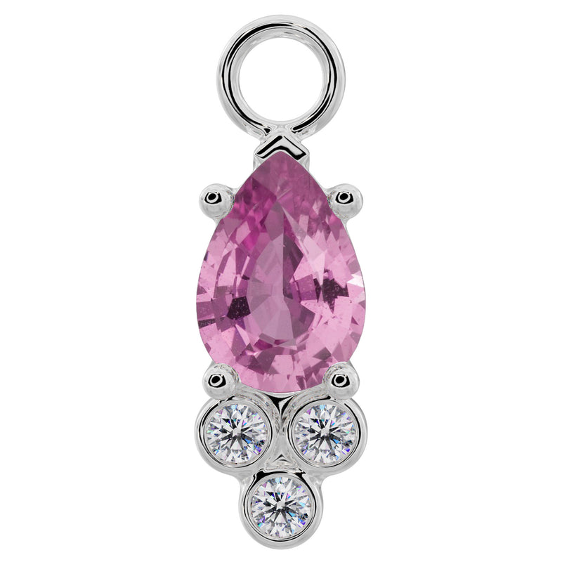 950 platinum pear-cut pink sapphire piercing charm with bezel-set diamond trio cluster, front view