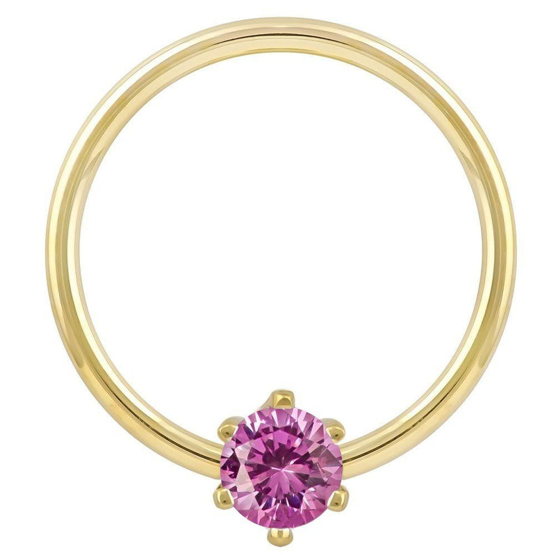 14k yellow gold fixed bead ring with round pink CZ in six-prong setting, front view