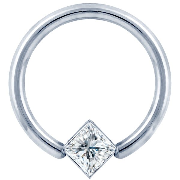 14K white gold fixed bead ring with princess cut diamond corner mount, front view