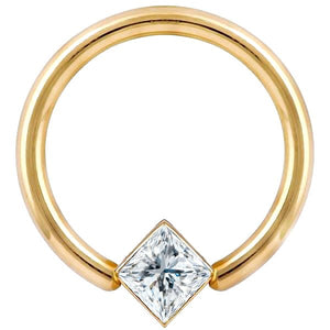 14K yellow gold fixed bead ring with princess cut diamond set at corner angle, front view