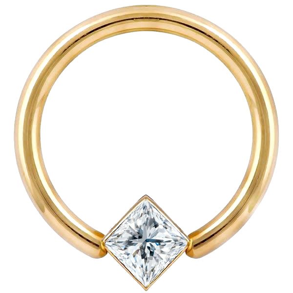 14K yellow gold fixed bead ring with princess cut diamond set at corner angle, front view