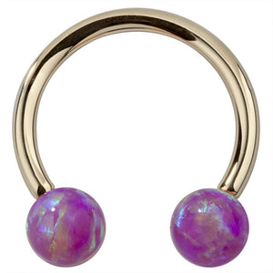 14k yellow gold circular barbell with iridescent purple opal balls, front view