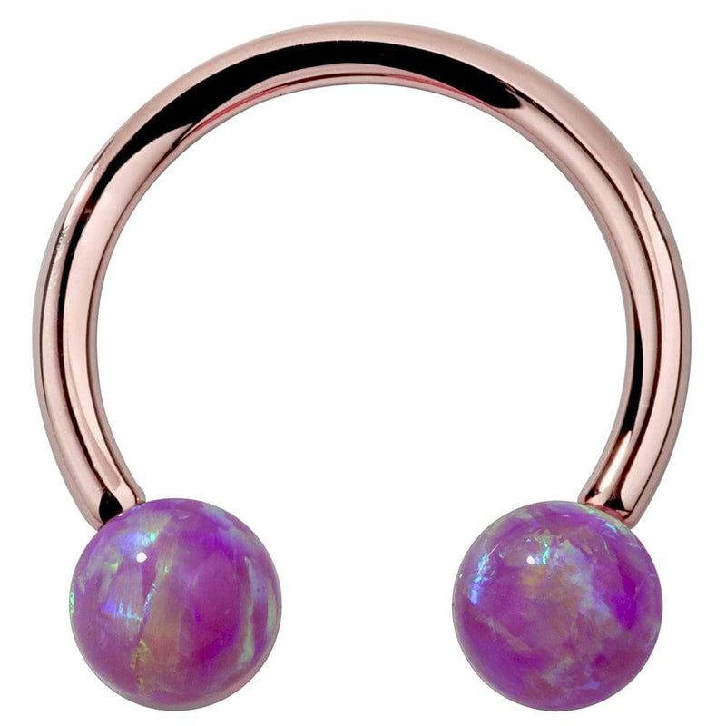 14k rose gold circular barbell with purple opal ball ends, front view highlighting warm pink tone