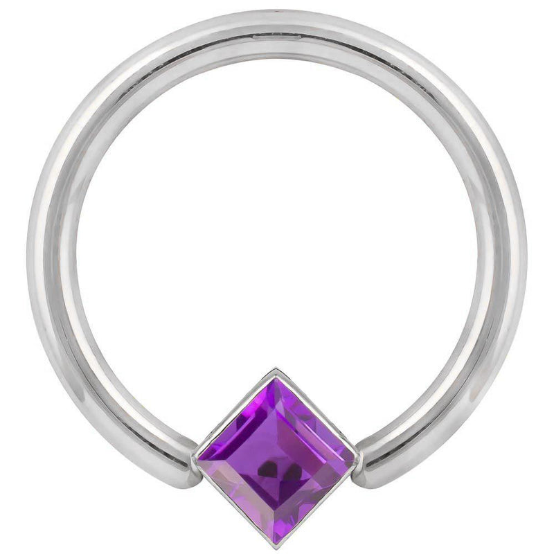 14k white gold fixed bead ring with purple princess-cut CZ, slightly angled view showing stone depth