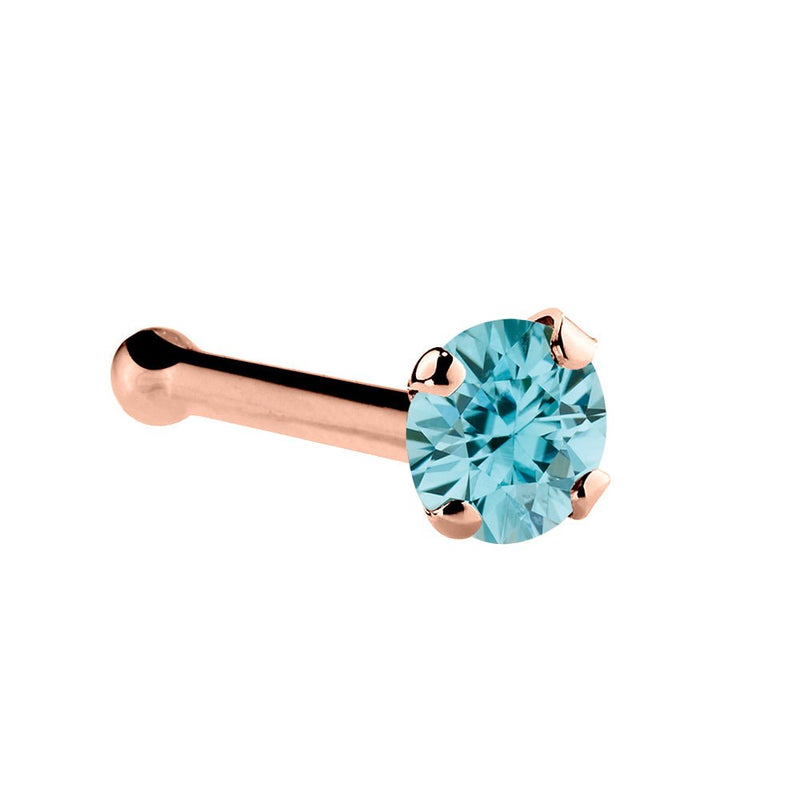 14K rose gold bone nose ring with 1.5mm genuine blue zircon and ball end backing