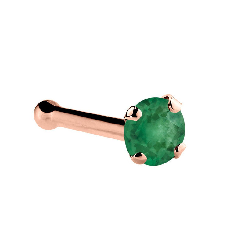 14K rose gold genuine emerald nose bone with tiny 1.5mm prong-set green emerald and ball end