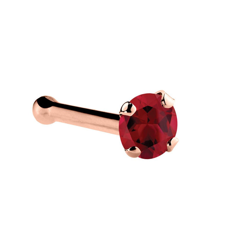 14K rose gold genuine ruby nose bone with 1.5mm tiny red stone, ball-end post side view