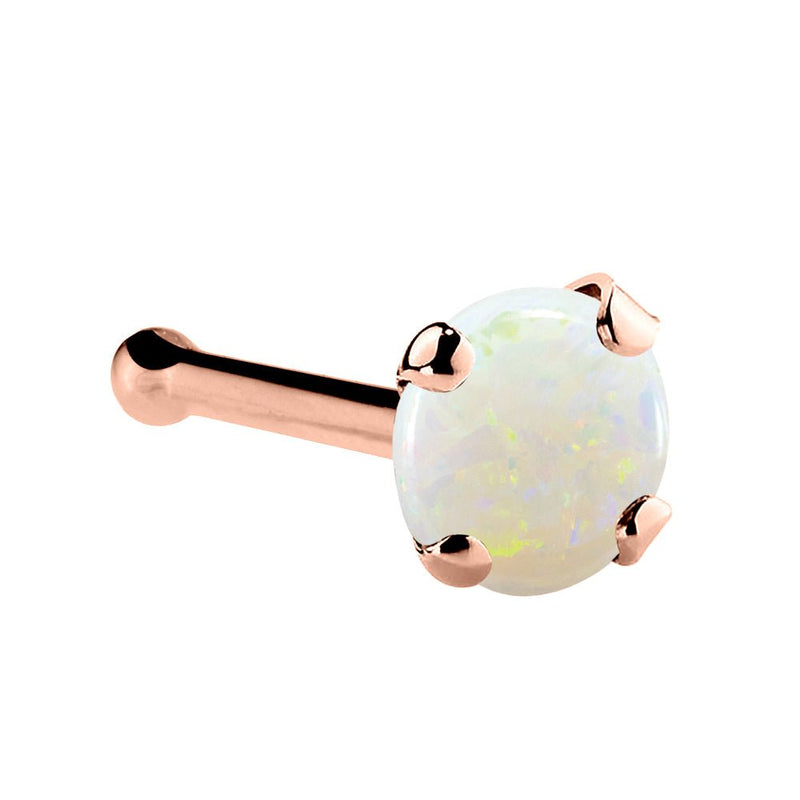 14K rose gold genuine opal nose bone, 3mm large opal showing iridescent color in rose gold