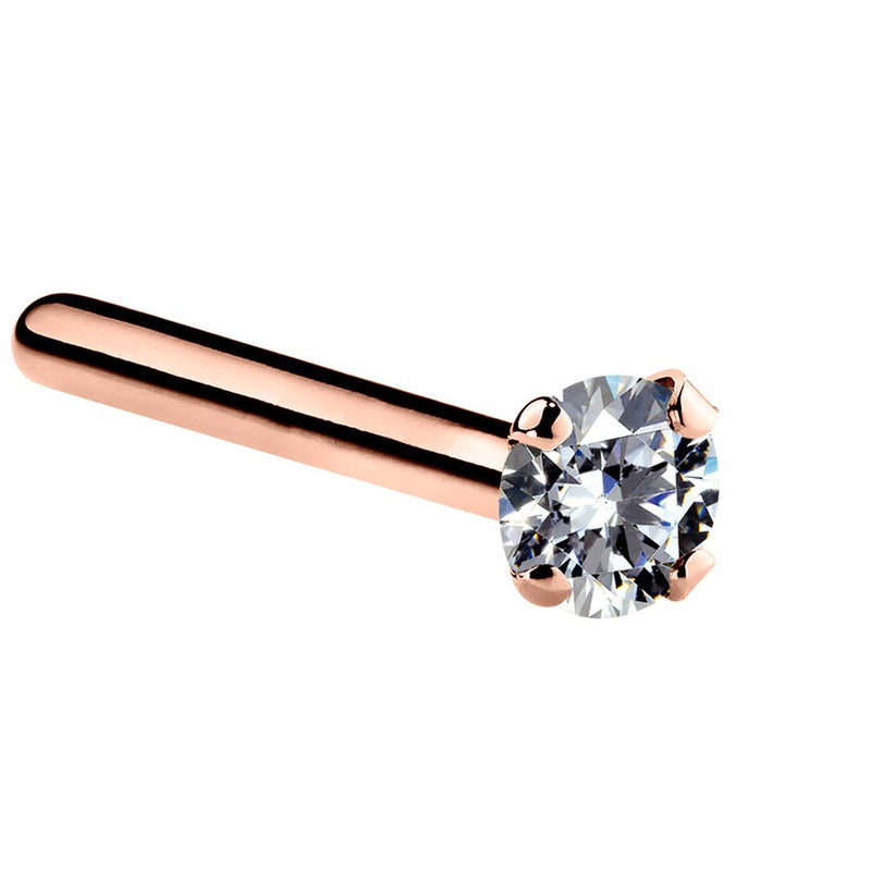 14k rose gold CZ straight pin post nose stud, side view highlighting rose gold post and CZ