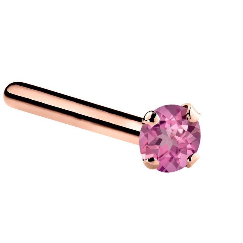 14K rose gold pink tourmaline straight post nose ring with 1.5mm tiny genuine stone, side view
