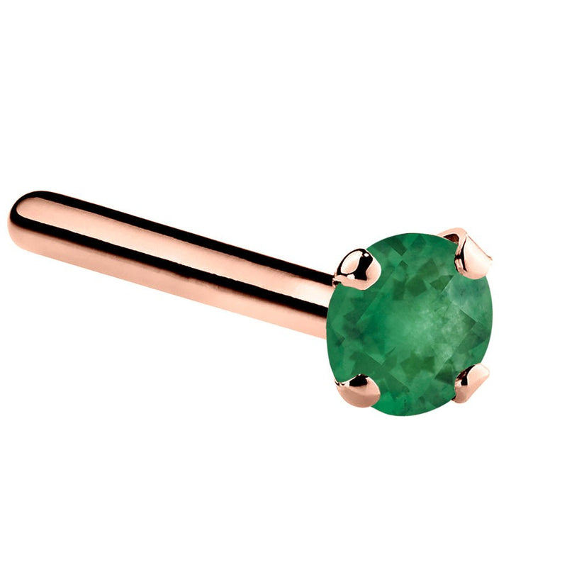 14K rose gold genuine emerald straight pin nose stud with standard 2mm prong-set green emerald