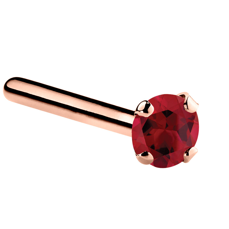 14K rose gold genuine ruby straight post nose ring with 2mm standard red ruby, pin-end side view