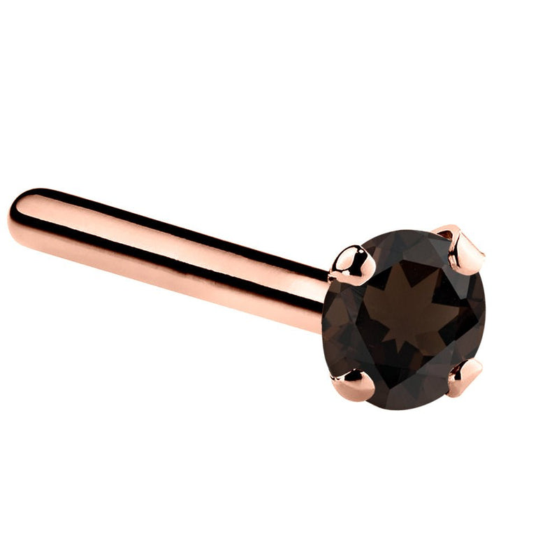 14K rose gold smokey quartz straight pin post nose ring with 2mm standard brown stone