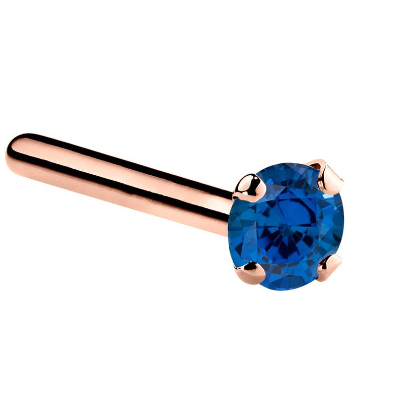 14K rose gold genuine sapphire pin post nose ring with 2mm standard round blue stone