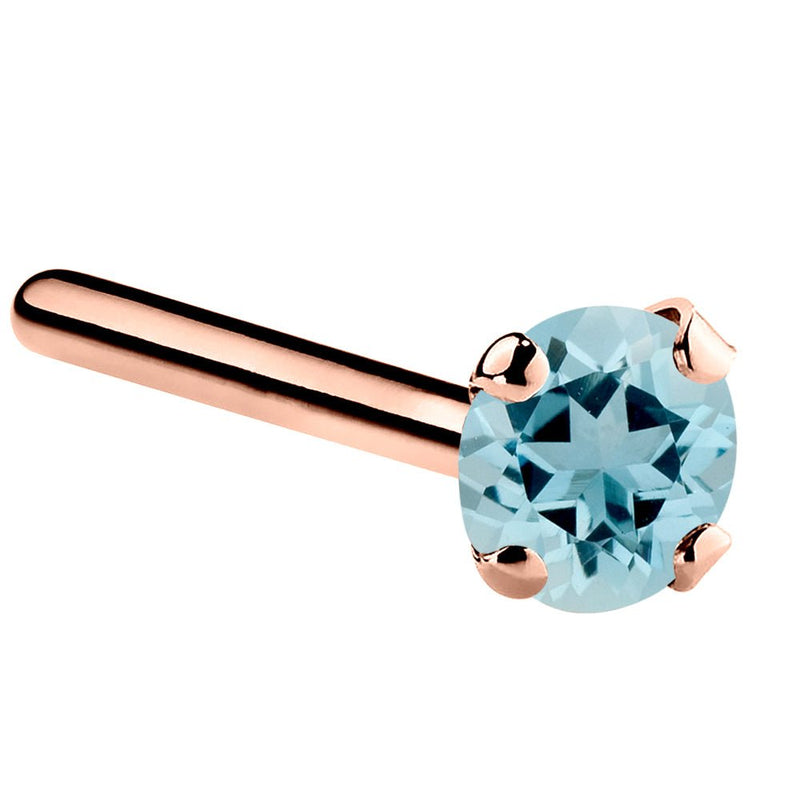 14K rose gold aquamarine straight pin post nose ring with 3mm large blue stone