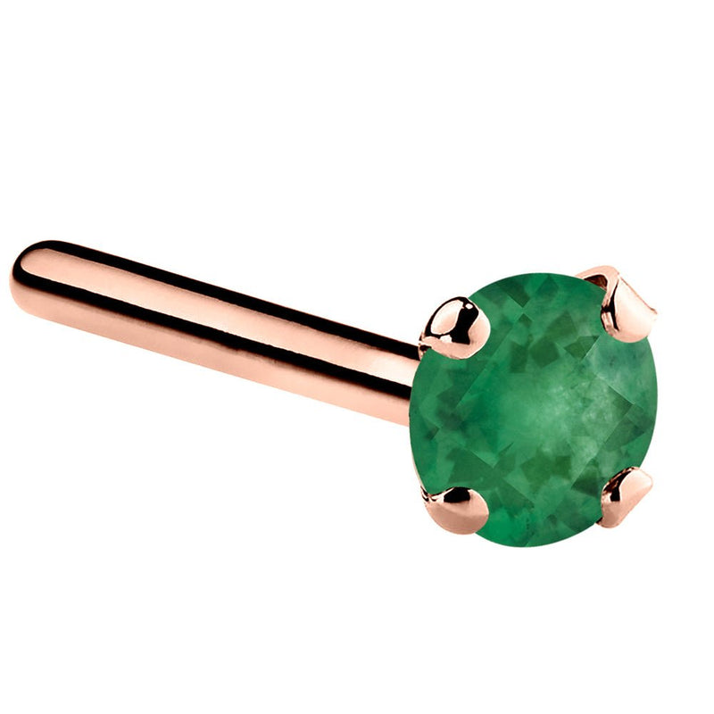 14K rose gold genuine emerald straight pin nose stud with large 3mm prong-set green emerald