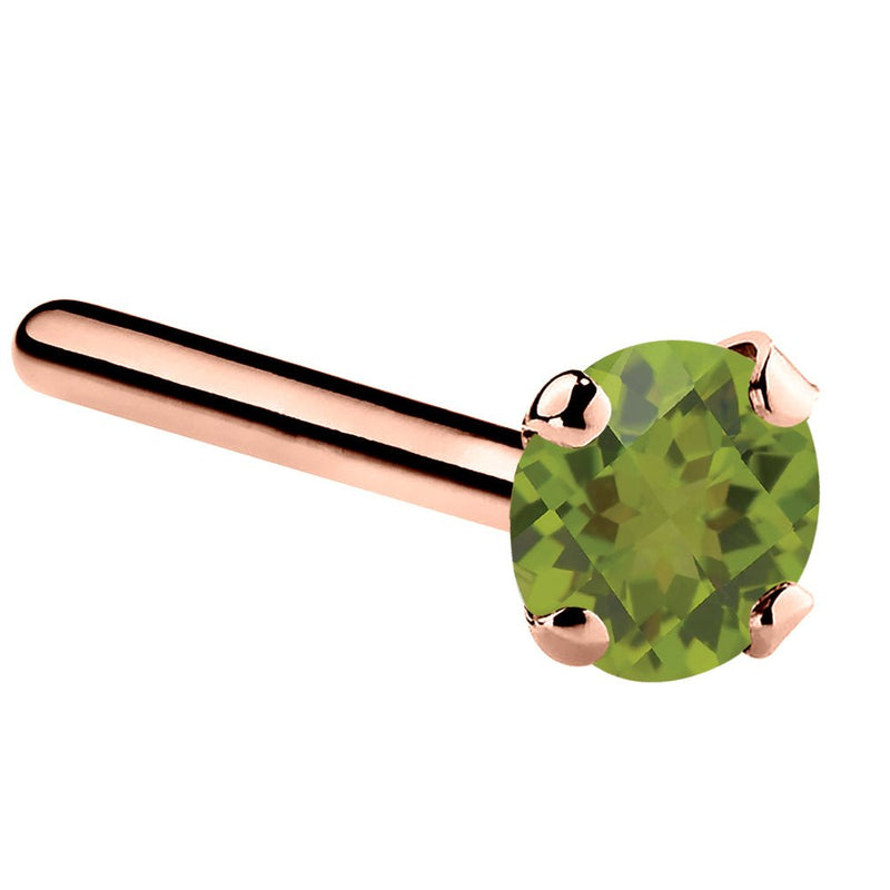 14K rose gold peridot straight pin nose ring with 3mm large genuine green stone, side view