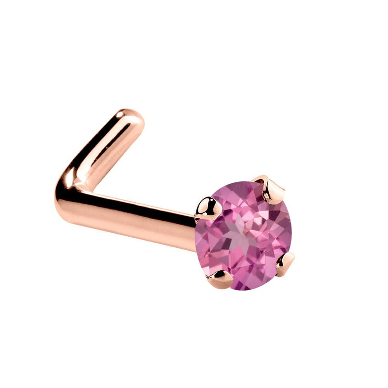 14K rose gold pink tourmaline L-shape nose ring with 1.5mm tiny genuine stone and warm rose tone