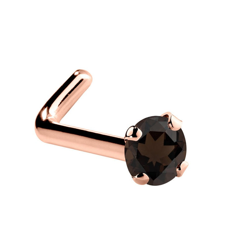 14K rose gold smokey quartz L-shape nose ring with 1.5mm tiny brown stone, side angle