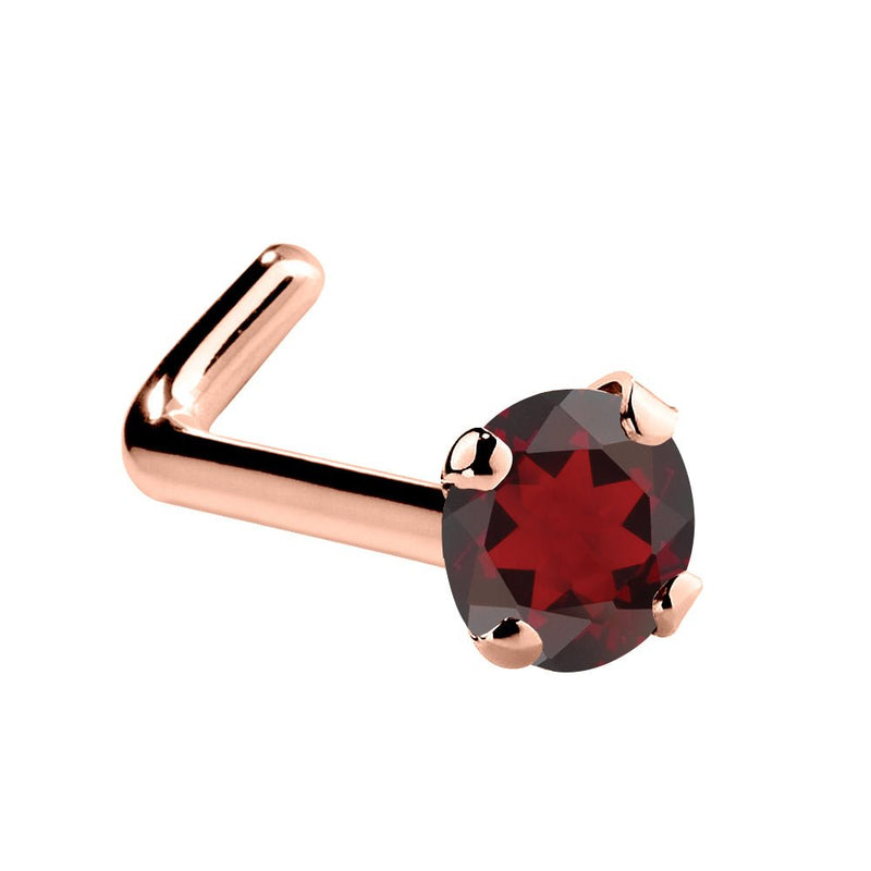 14K rose gold garnet L-shape nose ring with 2mm standard round red garnet, angled view