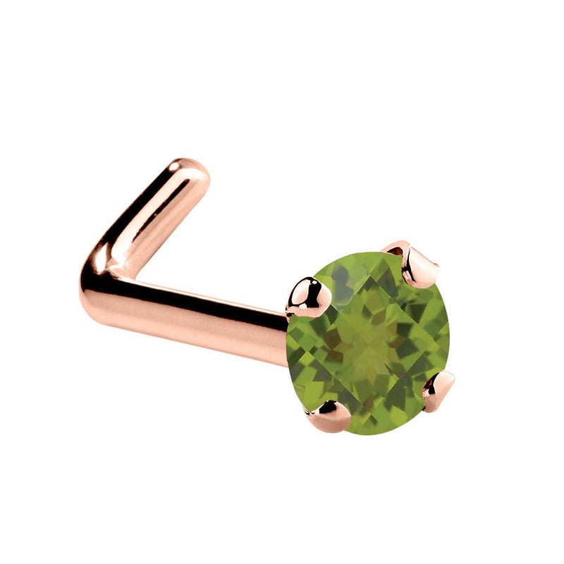 14K rose gold peridot L-shape nose ring with 2mm genuine green stone showing L-post backing