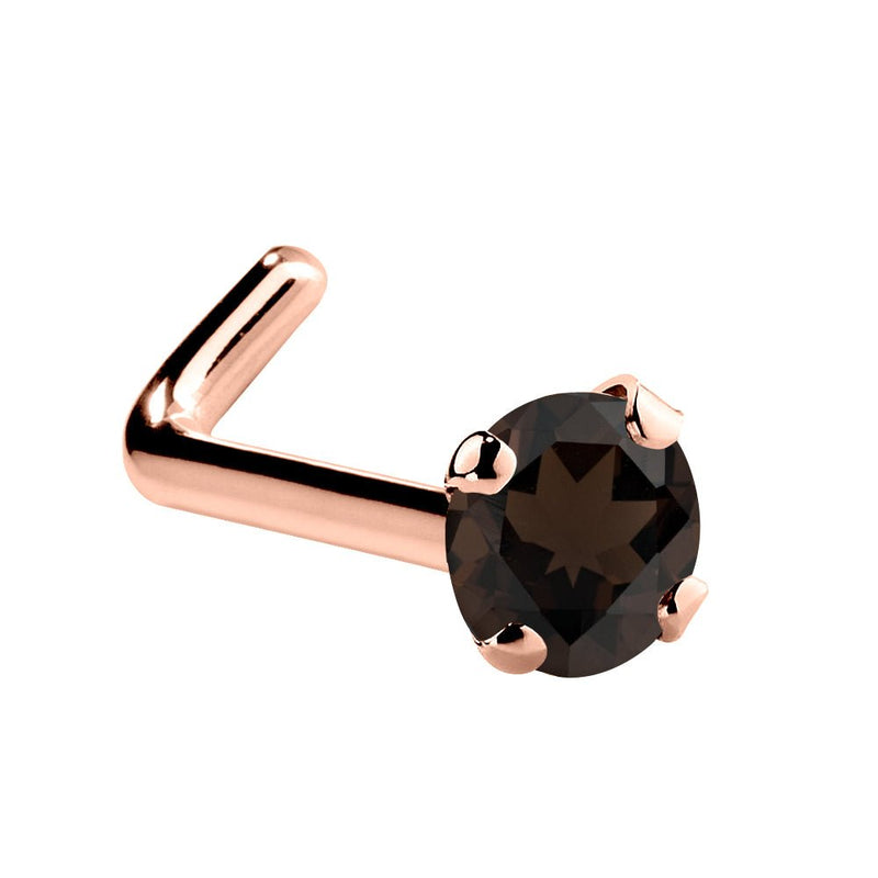 14K rose gold smokey quartz L-shape nose ring with 2mm standard round brown stone