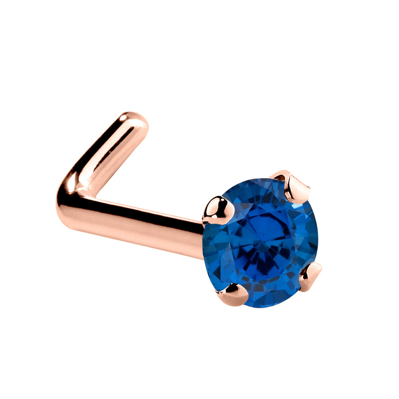 14K rose gold genuine sapphire L-shape nose ring with 2mm standard round stone in prong setting