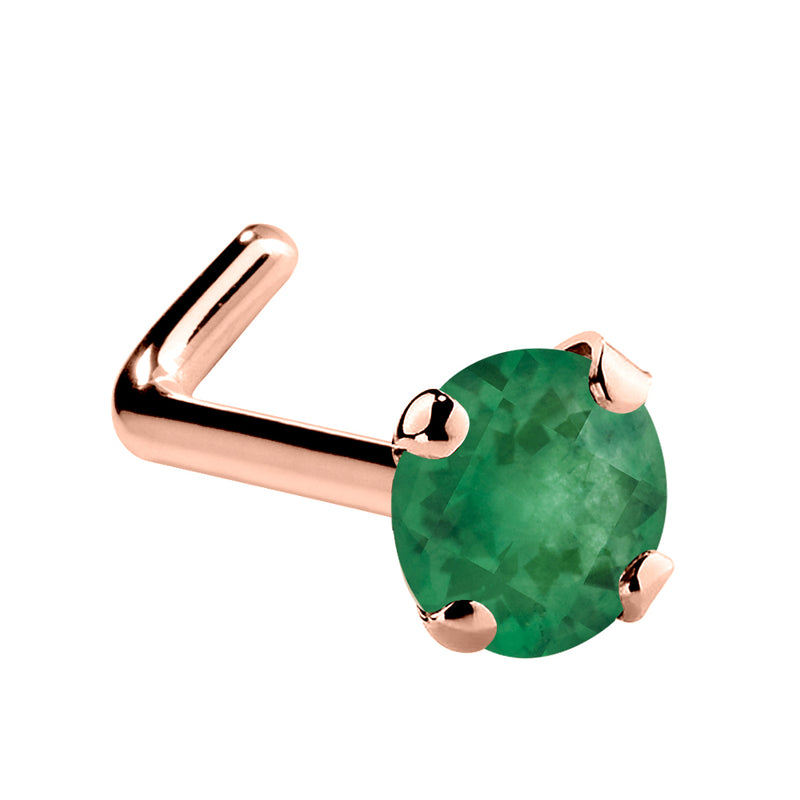 14K rose gold genuine emerald L-shape nose ring with large 3mm prong-set green emerald